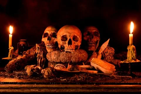 Still life with three skulls, dry fruit and hay Stock Photos