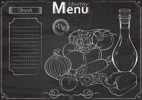 Still life with various vegetables menu chalk Stock Illustration