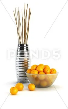 Still life with vases and oranges Stock Photos