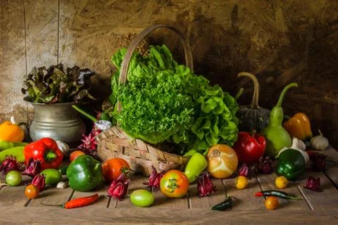 Still life  Vegetables, Herbs and Fruit. Stock Photos