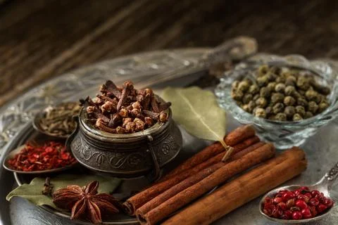 Still life.Composition with different types of spices. Stock Photos