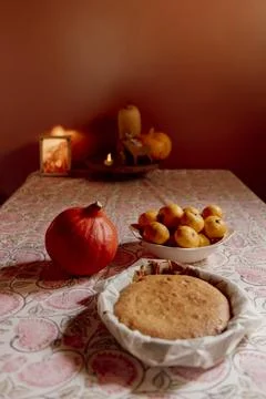 Still live of an homemade cake on patterned tablecloth Stock Photos