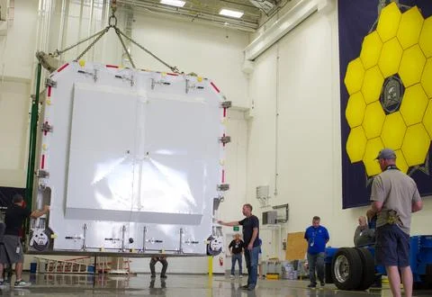 Still packed inside its shipping container, the Joint Polar Satellite Syste.. Stock Photos