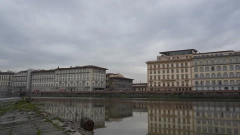 Still River with Trunk, Palazzo Reflections, Urban Landscape, Moody Sky Stock Footage 310006463