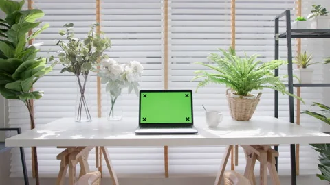 Still shot : Green screen chroma key for display on laptop computer on desk Stock Footage 139748635