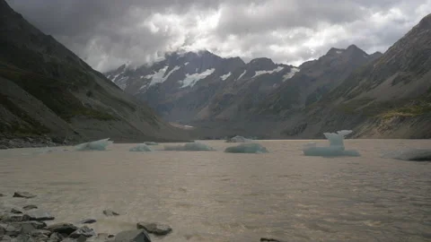 Still shot of a lake with ice blocks surrounded by mountains, in New Zealand Stock Footage 217399189