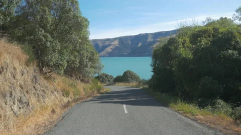 Still shot of a road overlooking the Akaroa harbor peninsula, in New Zealand Stock Footage 217386449