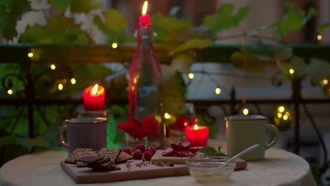 Still shot of a romantic dinner table with sweet meals and tea Stock Footage 87702435