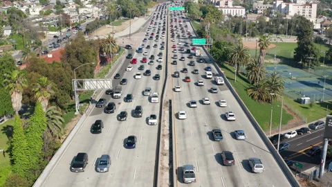 Still top down shot of Los Angeles freeway car traffic on a sunny day Stock Footage 273842592