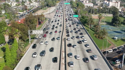 Still top down view of Los Angeles freeway car traffic on a sunny day Stock Footage 273842604