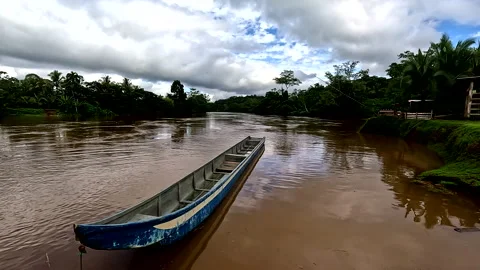Still video of a blue canoe moving quietly up and down in a tropical river Vidéo 336920786