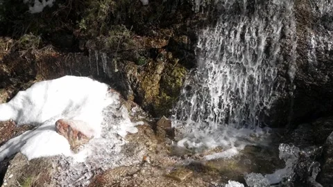 A still video captures a waterfall flowing into a rock pool surrounded by snow Stock Footage 293713897
