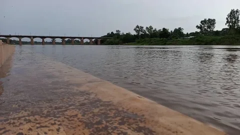 Still view of Irwin bridge and Krishna river flowing water during rainy season. Stock Footage 138511426