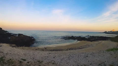Still view of look out to a building by ocean coast seashore from Yueli Bay with Stock Footage 238498860