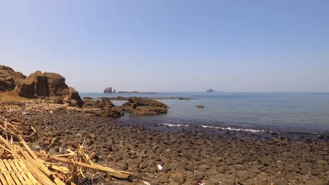 Still view of ocean scape look out to South Tiezhenyu and Toujinyu from north sh Stock Footage 242330977