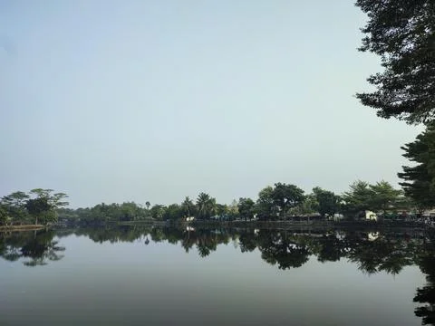 Still water mirrors trees lining calm riverbank Stock Photos