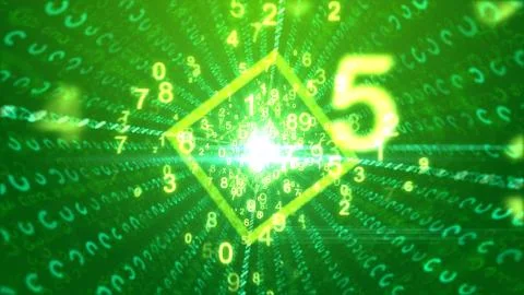 A stimulating 3d rendering of whirling yellow numbers with a big five passing Stock Illustration