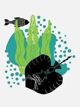 Stingray, algae, fish and abstract colored spots. Sea life. Vector Stock Illustration