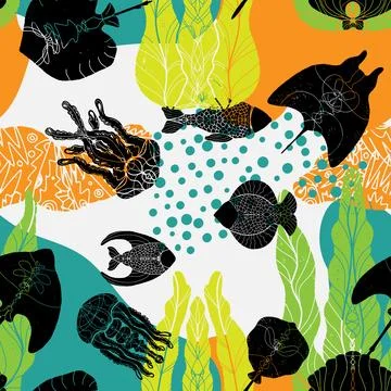 Stingray, algae, fish, jellyfish and abstract color spots. Sea life. Vector s Stock Illustration