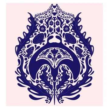 Stingray. Folk-style pattern, symmetrical, detailed vector element. Rustic, S イラスト素材