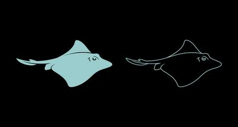 Stingray silhouette in solid and outline styles with sea creature 스톡 일러스트
