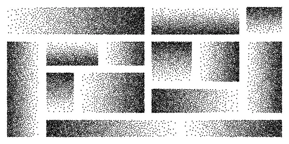 Stipple pattern, dotted rectangular design elements. Stippling, dotwork drawing Illustrazione stock