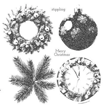 Stippling Christmas elements set with vintage print texture. Vector Stock Illustration