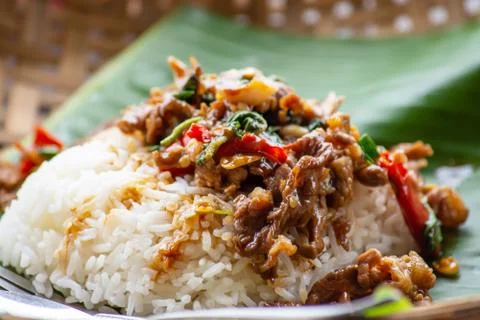 Stir fried basil leaf beef with rice and put Fried egg. Stock Photos