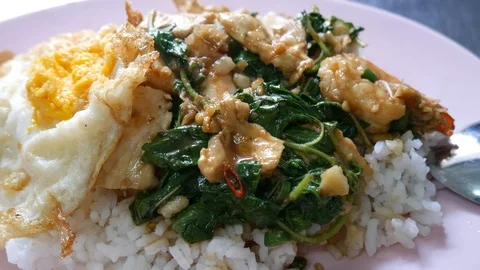 Stir-Fried Basil with rice (Khao Pad Bai Kraprow), Thai food Video stock 107526086