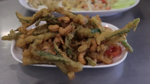 Stir Fried Battered Thai Asian Green Beans Vegetables Cashew Nuts, Street Food Stock Footage 237587700