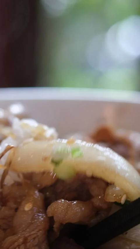 Stir-fried Beef and Rice Beef and broccoli served over rice on a plate overhead Stock Footage 310442292