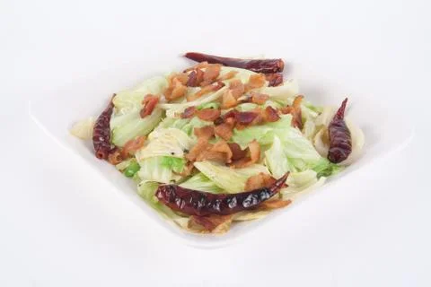 Stir fried celery cabbage with salted fish for sale at Thai street food marke Stock Photos