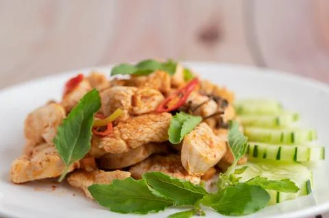 Stir Fried Chicken Chili Paste in White Dish. Stock Photos