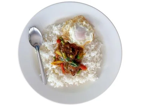 Stir Fried Chicken Curry Paste with Steamed Rice. Served with a fried egg w.. Stock Photos