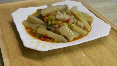 Stir-fried dish made with konjac tofu, japanese healthy diet food konnyaku Stock Footage 320401053
