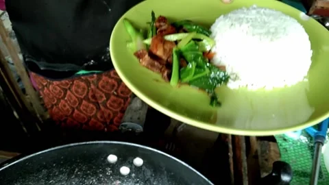 Stir Fried Kale with Crispy Pork Thai food Stock Footage 163419676