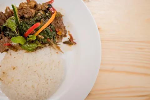 Stir-fried meat and basil with rice, Thai food Stock Photos