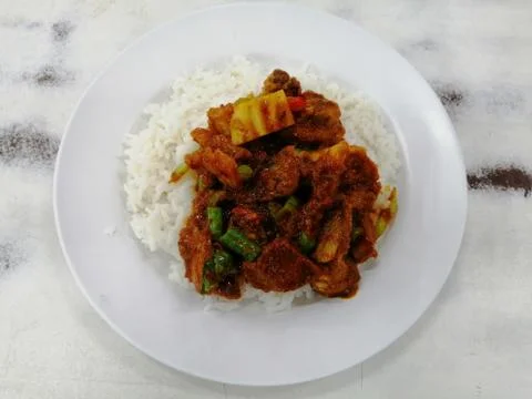Stir Fried Pork with Red Curry Paste and Sweet Basil Stock Photos