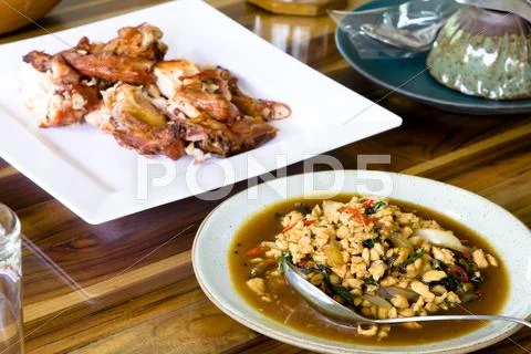 Stir fried pork whit basil Stock Photos