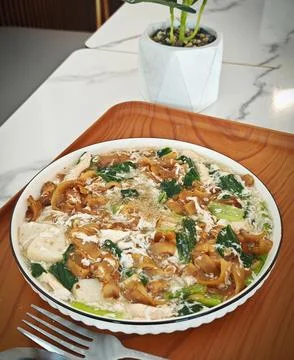 Stir-fried rice noodles in egg gravy with vegetables and chicken Stock Photos