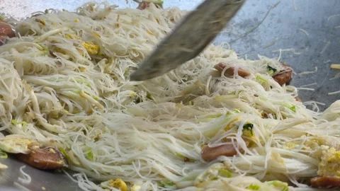 Stir Fried Rice Vermicelli Noodle with Egg and Sausage Stock Footage 341840971