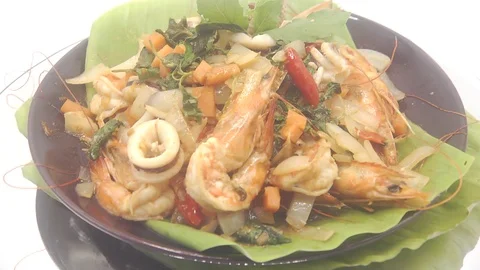 Stir fried seafood with basil Stock Footage 118774666