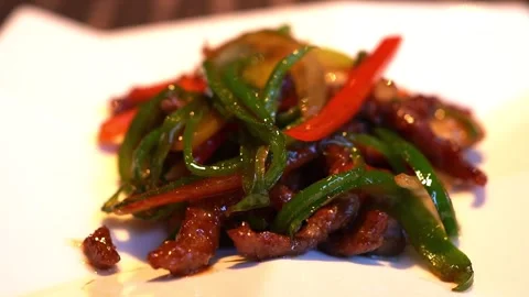 Stir-Fried Shredded Beef with Green Pepper authentic Chinese restaurant Stock Footage 261418168