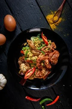 Stir Fried Soft Shell Crab Curry Powder with Sweet Chili and Egg It is a famo Stock Photos