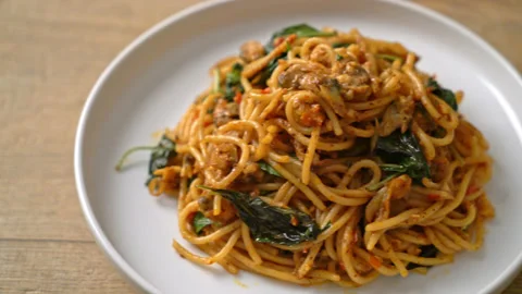 Stir Fried Spaghetti with Clam and Chilli Paste - Fusion food style Stock Footage 158523067