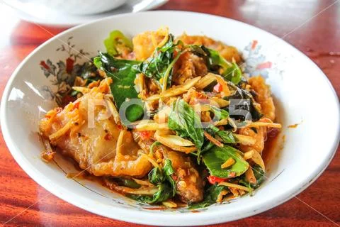 Stir fried spicy cat fish ,Thai food. Stock Photos
