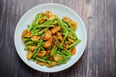 Stir Fried String Green Bean with Vietnamese Grilled Pork Sausage. Stock Photos