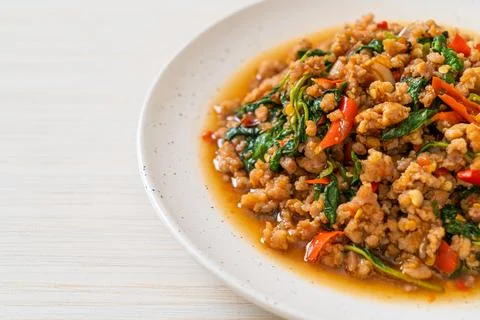 Stir fried Thai basil with minced pork Stock Photos