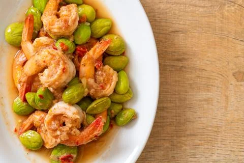 Stir-Fried Twisted Cluster Bean with Shrimp Stock Photos