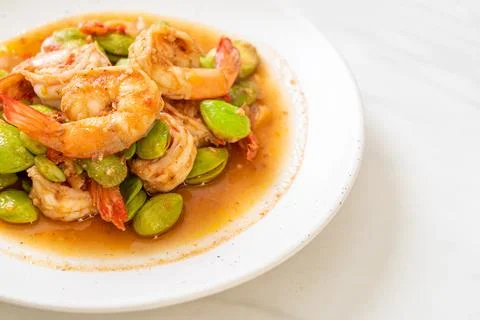 Stir-Fried Twisted Cluster Bean with Shrimp Stock Photos